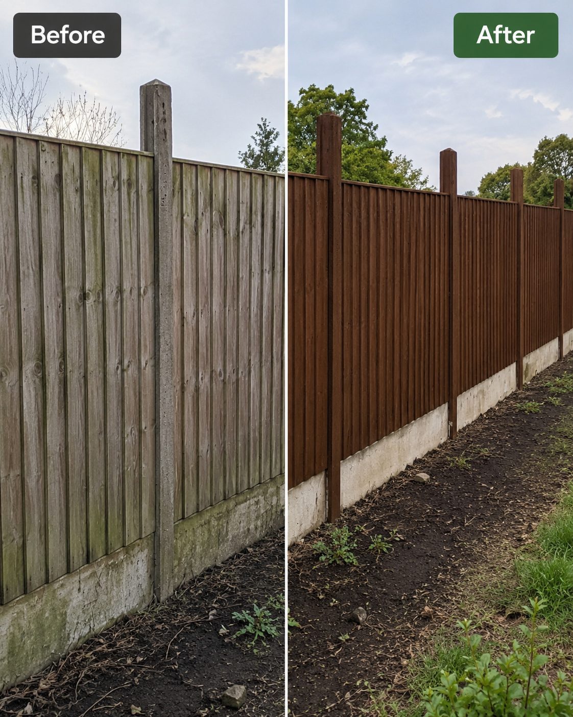 Garden fence repainted and weatherproofed, before and after