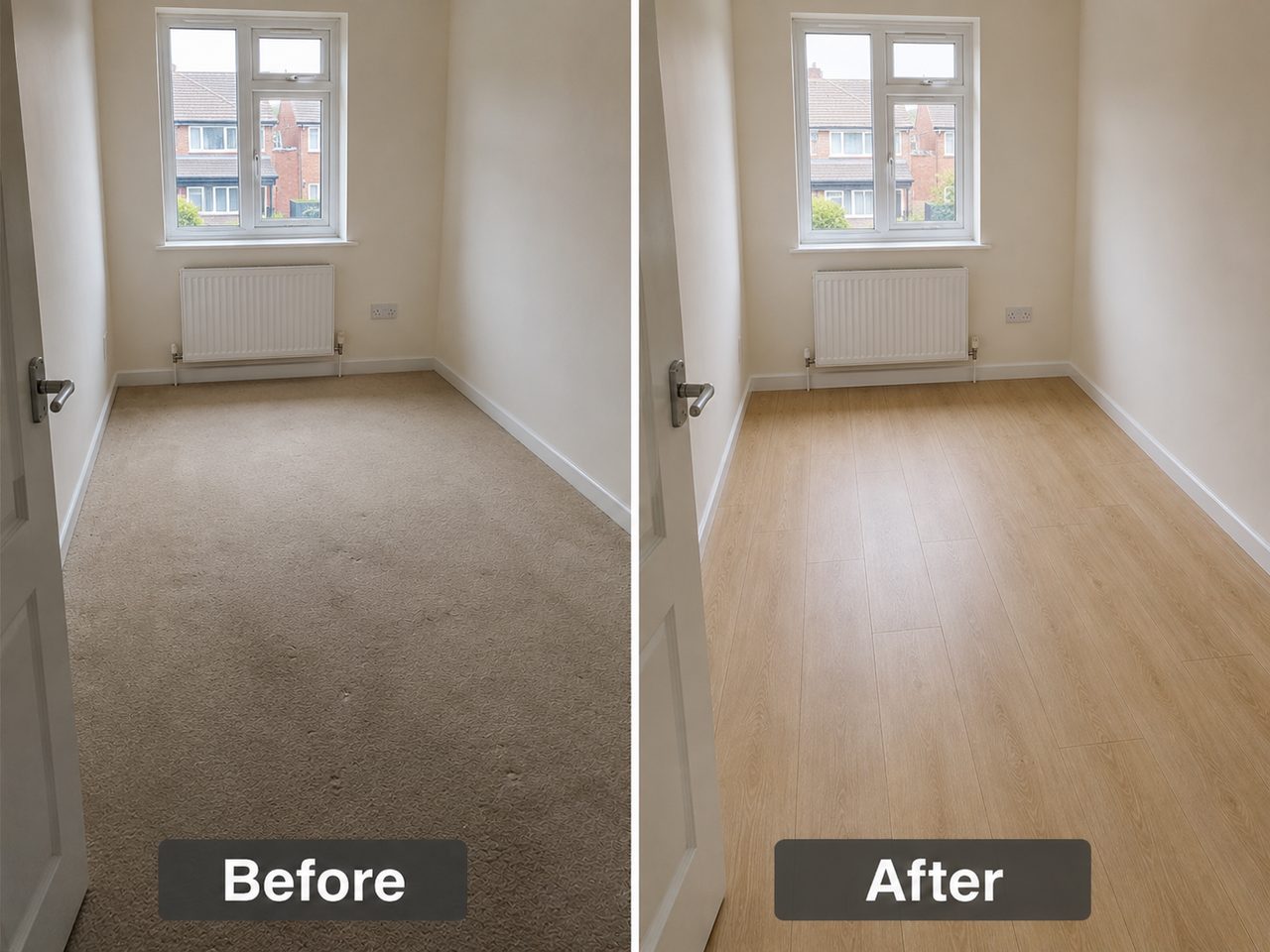 Bedroom carpet replaced with new vinyl flooring, before and after