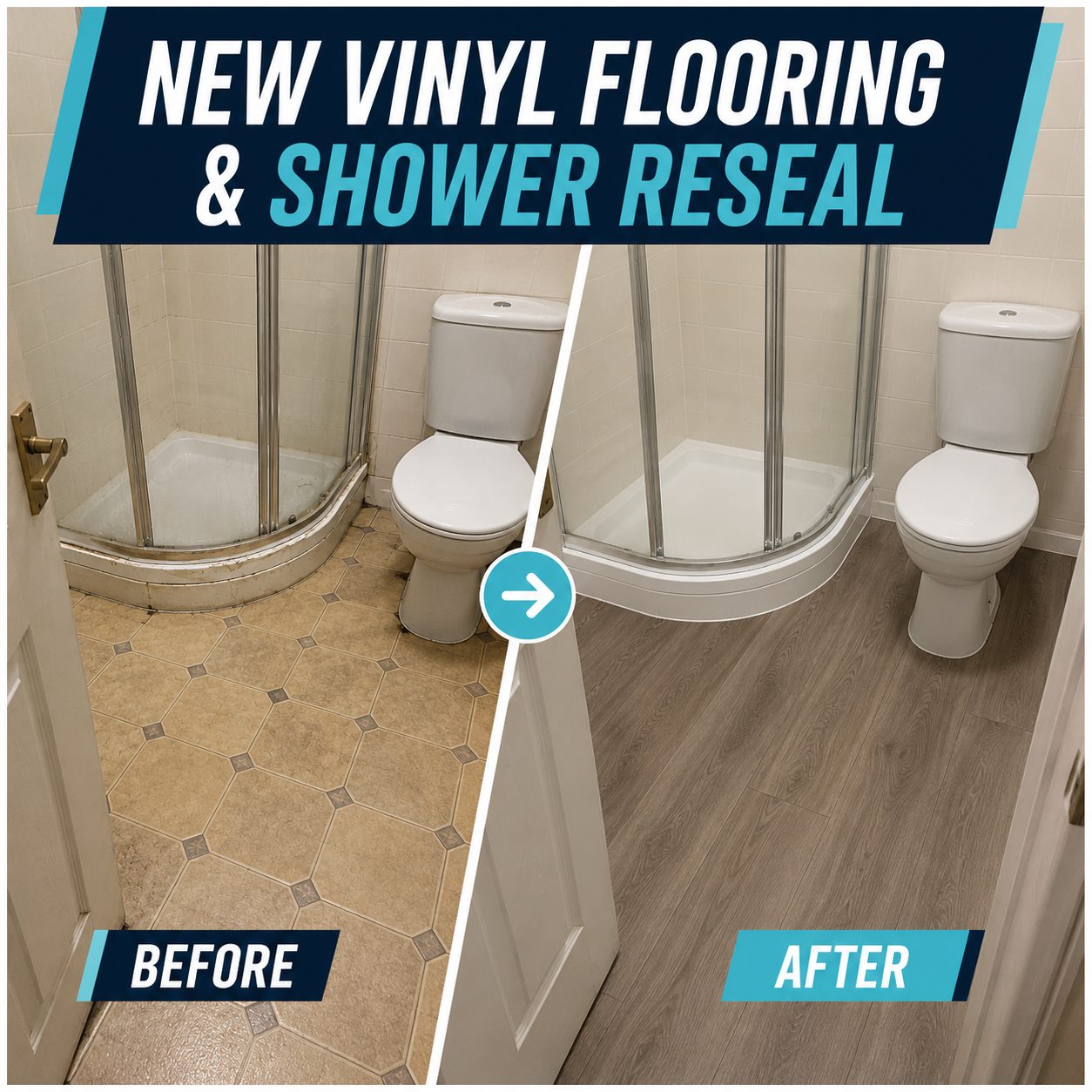 New vinyl flooring fitted and shower resealed, before and after